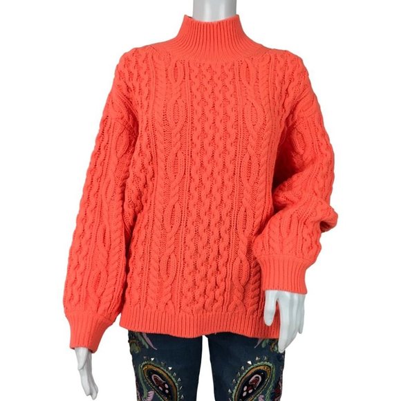 Alice + Olivia Women's Kenny Neon Cable Knit Turtleneck Sweater Deep Coral  Sz M - Picture 1 of 8